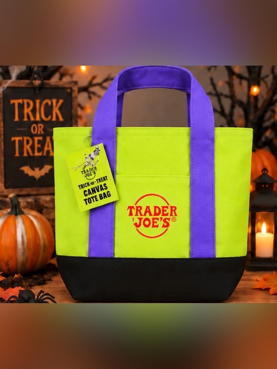 Trader Joe'S Other - Trader Joe's Halloween Edition Lime Green Canvas Tote with Purple Handles